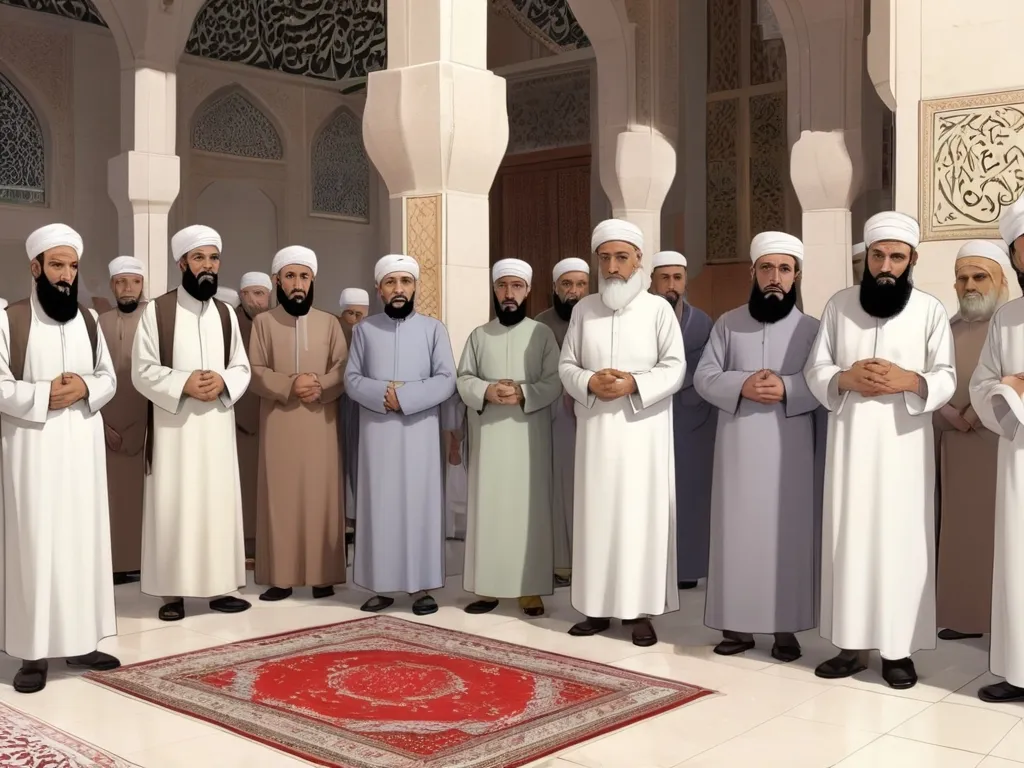 a group of men standing next to each other in front of a rug