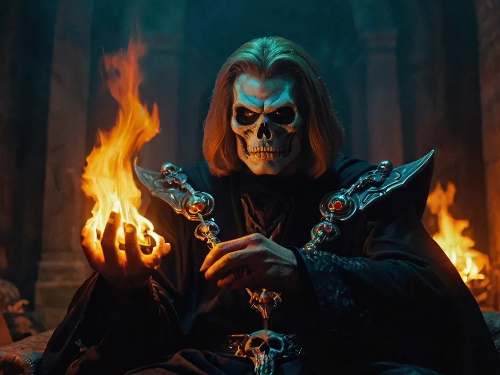 a skeleton holding a flame in his hands