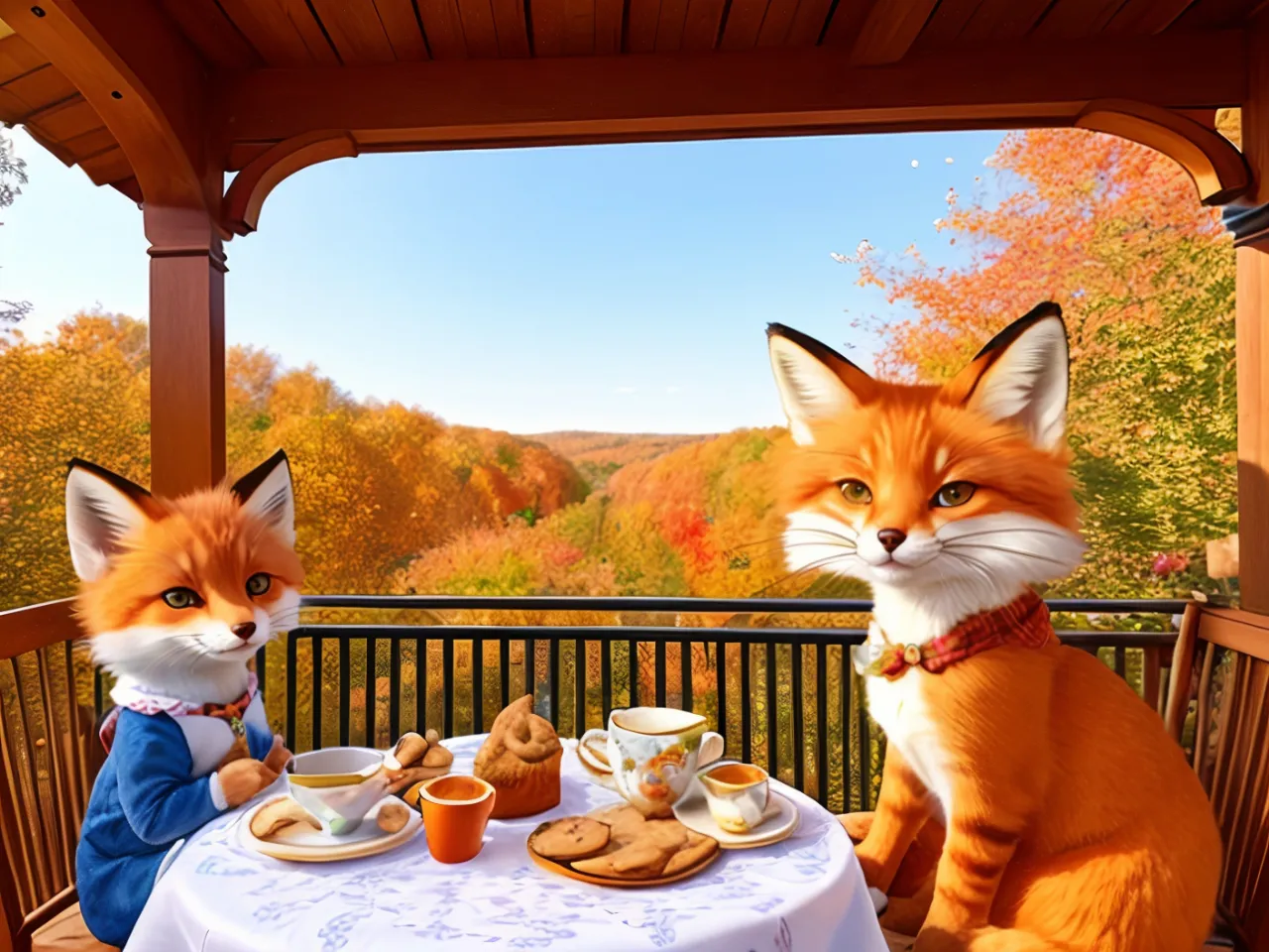 a couple of foxes sitting at a table