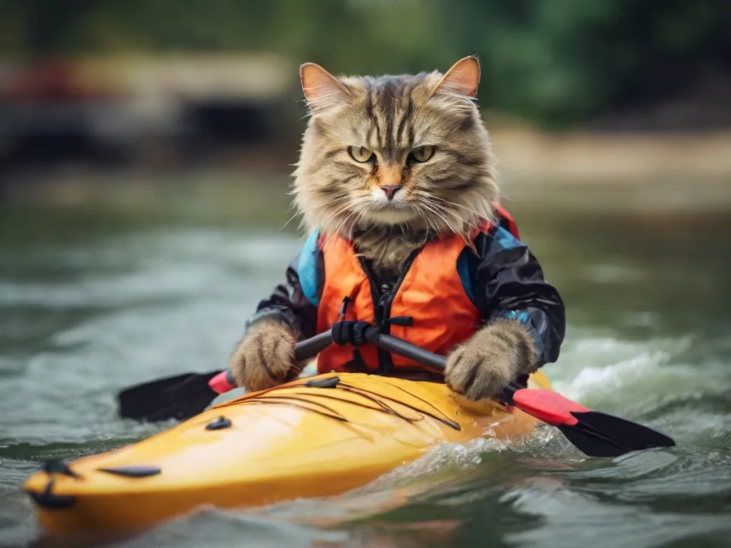 a cat is sitting on a kayak in the water