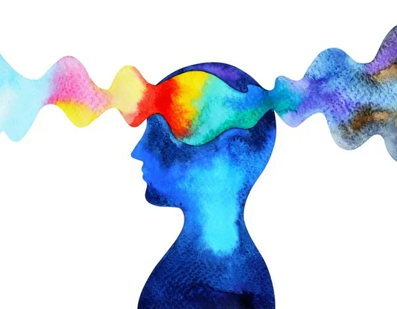 a drawing of a person's head with colorful waves coming out of it