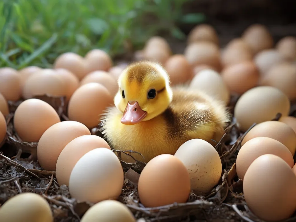 a duckling sitting among a bunch of eggs