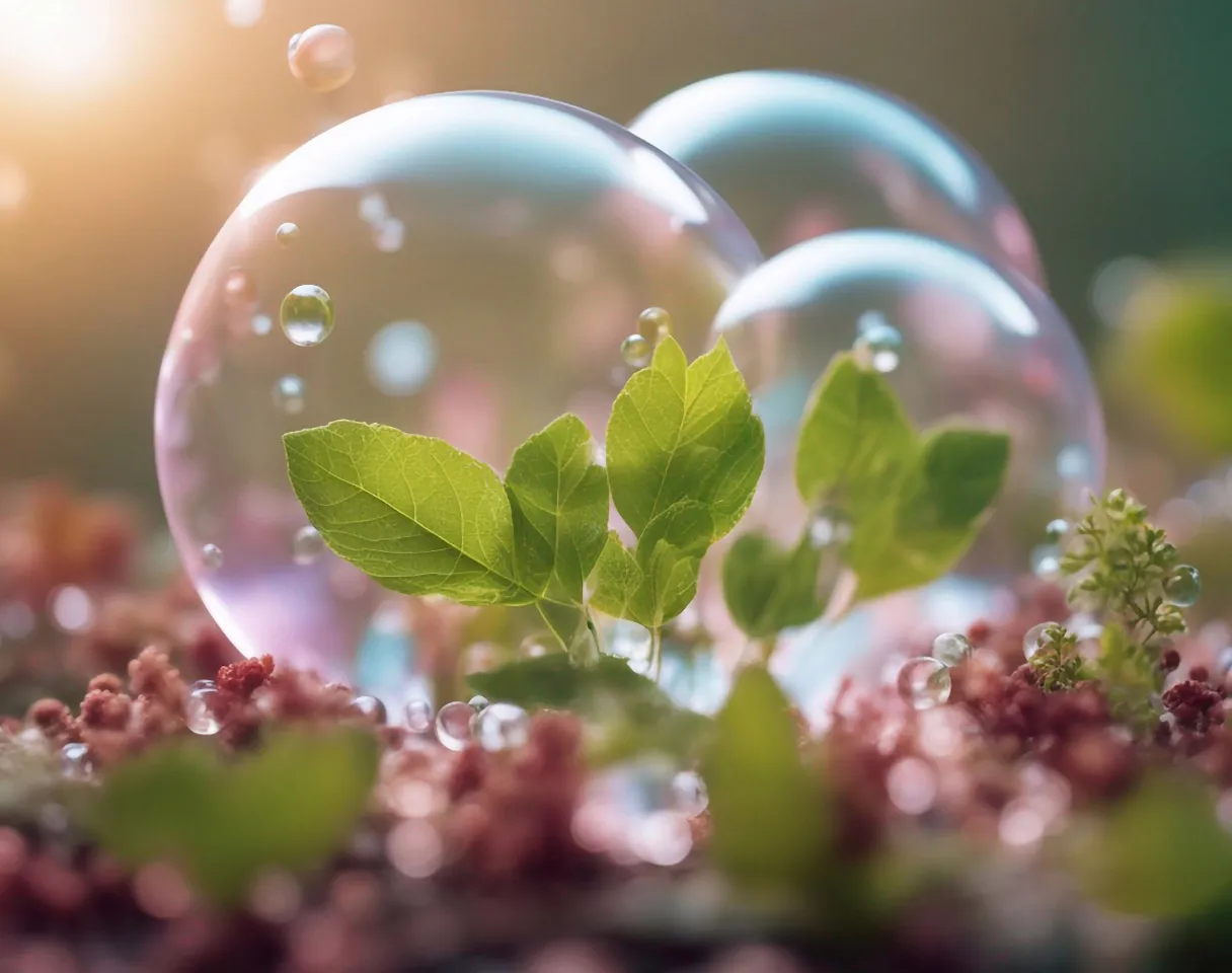 a close up of three bubbles with a plant inside of them