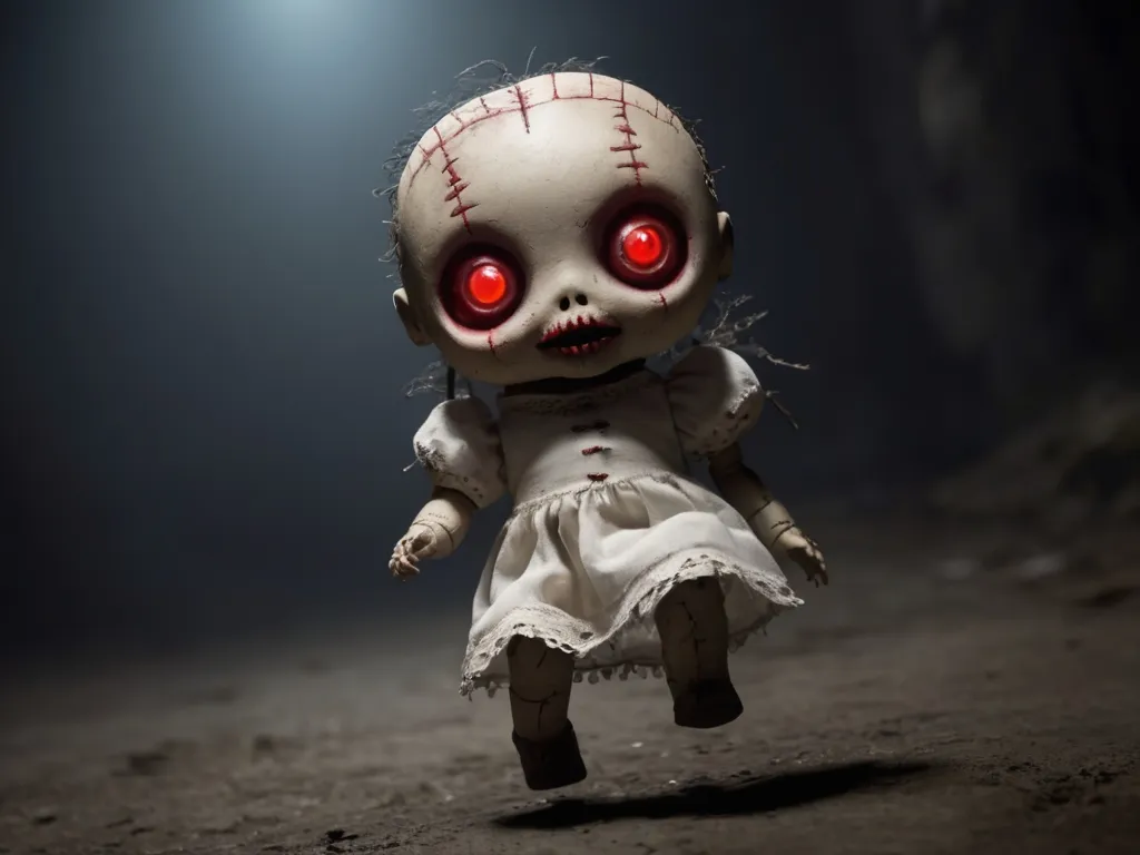 a creepy doll with red eyes running on the ground