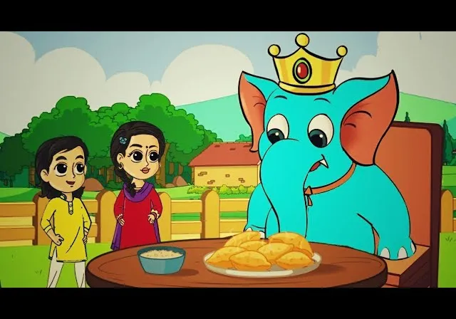 a cartoon picture of an elephant having food to eat and two children