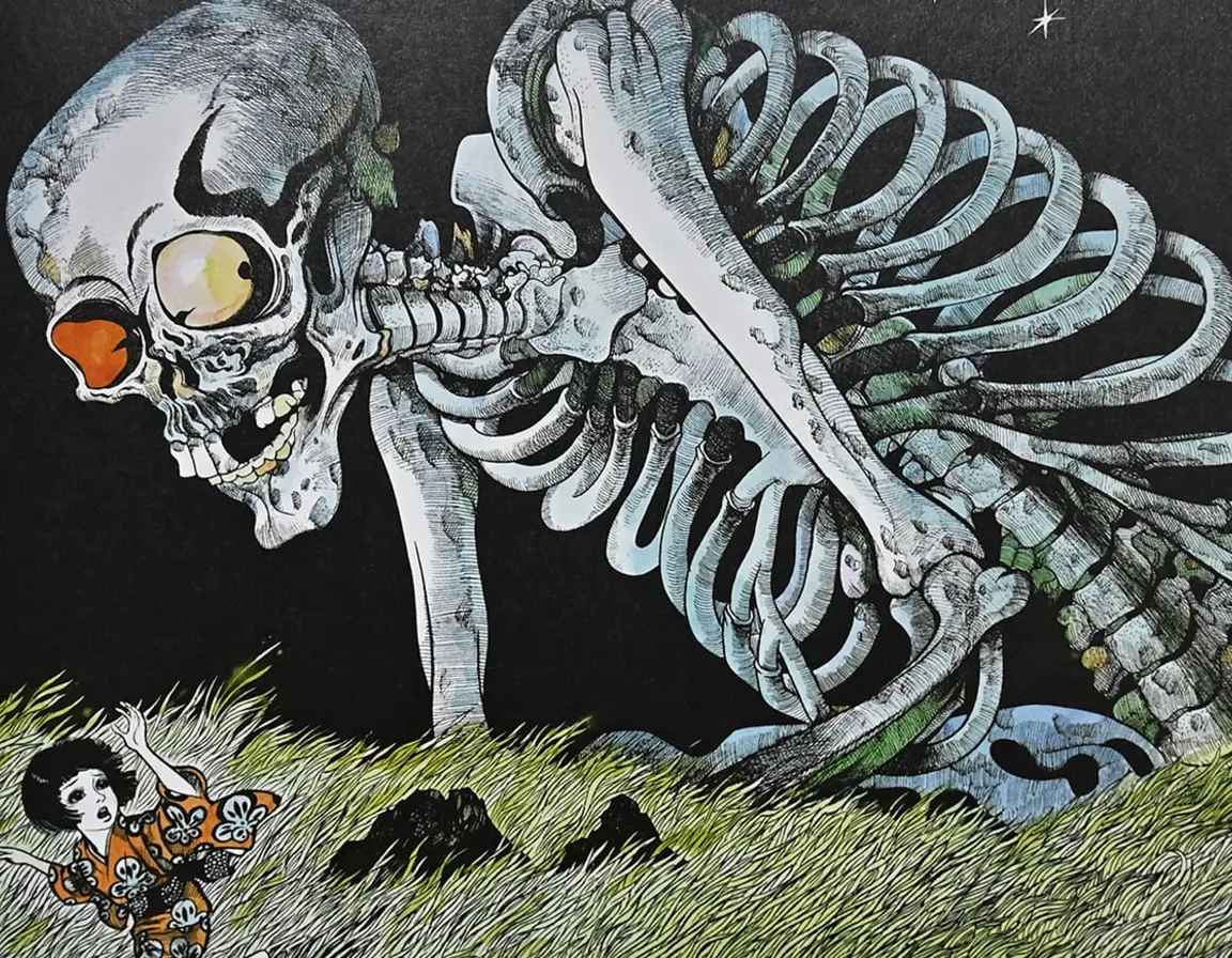 a drawing of a skeleton and a child in a field