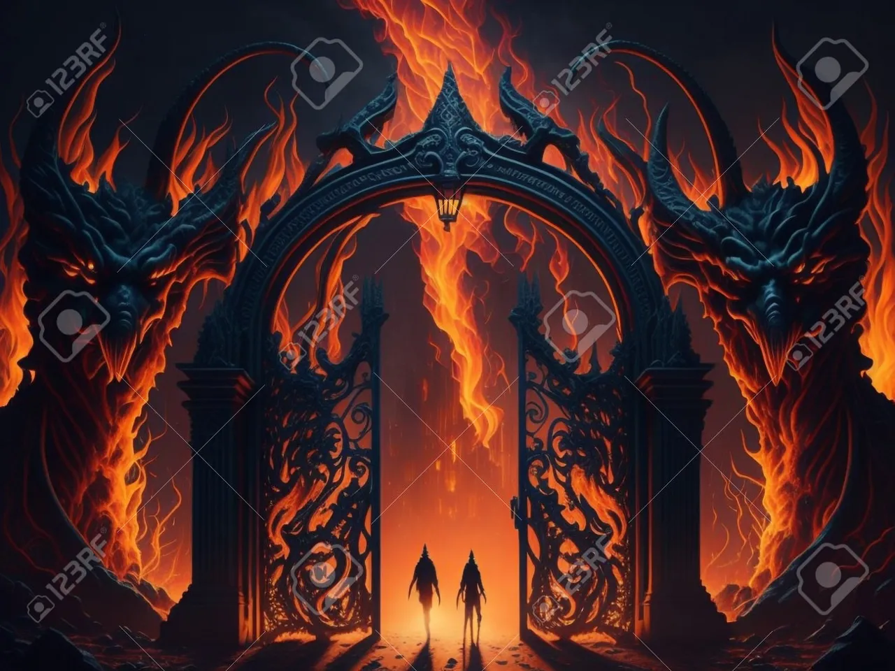 a man standing in front of a gate with flames coming out of it