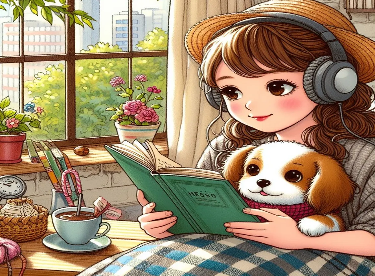 a girl reading a book while holding a dog