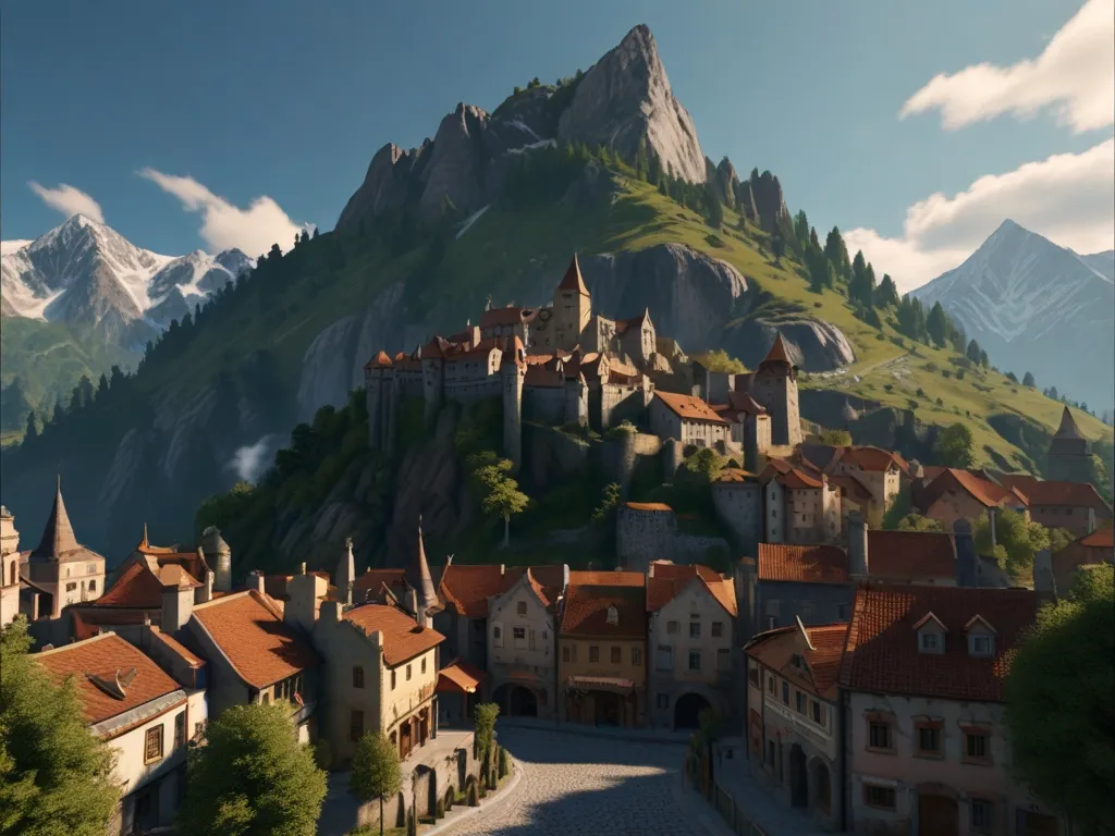 a computer generated image of a village in the mountains. You tube 16.9 land skap no water. mark. Disney cartoon style prompt. 