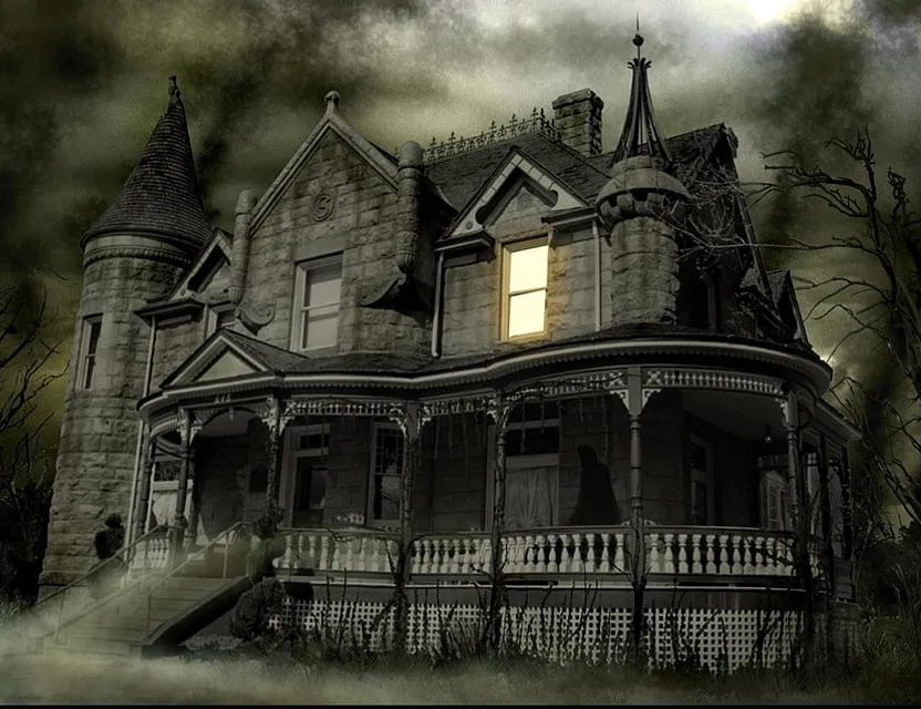 A creepy house and full moon with caricatured, Tim Burton-style tree branches