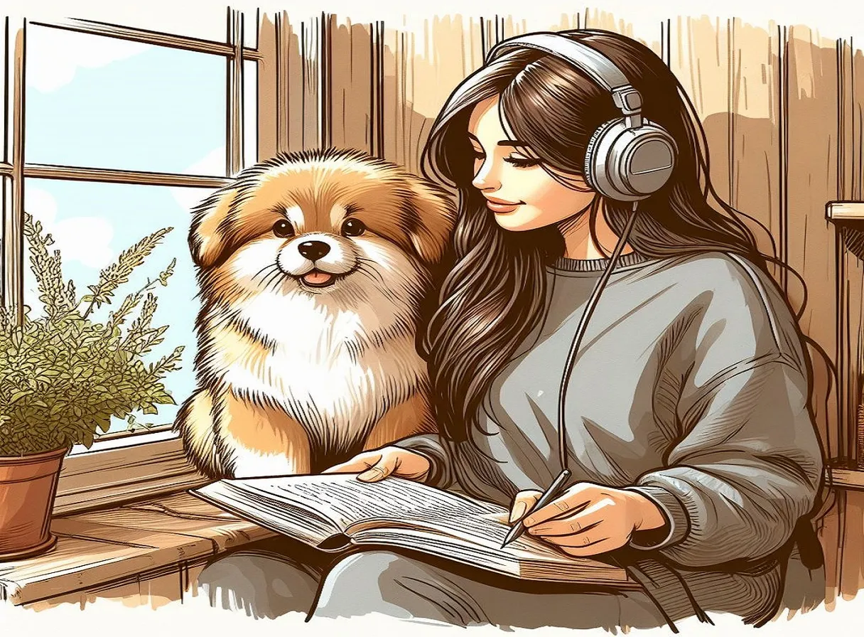 a woman sitting on a window sill reading a book next to a dog