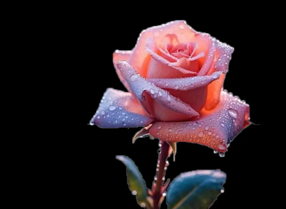 A single pink rose with water droplets on it sways in the wind