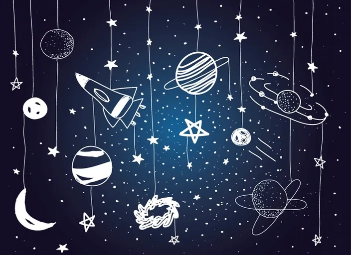 a space scene with stars and planets hanging from strings