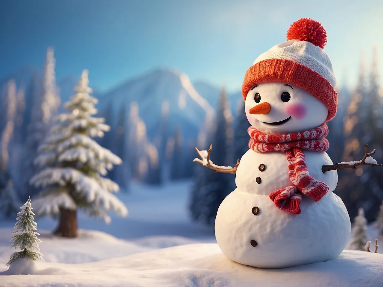 a snowman with a red hat and scarf