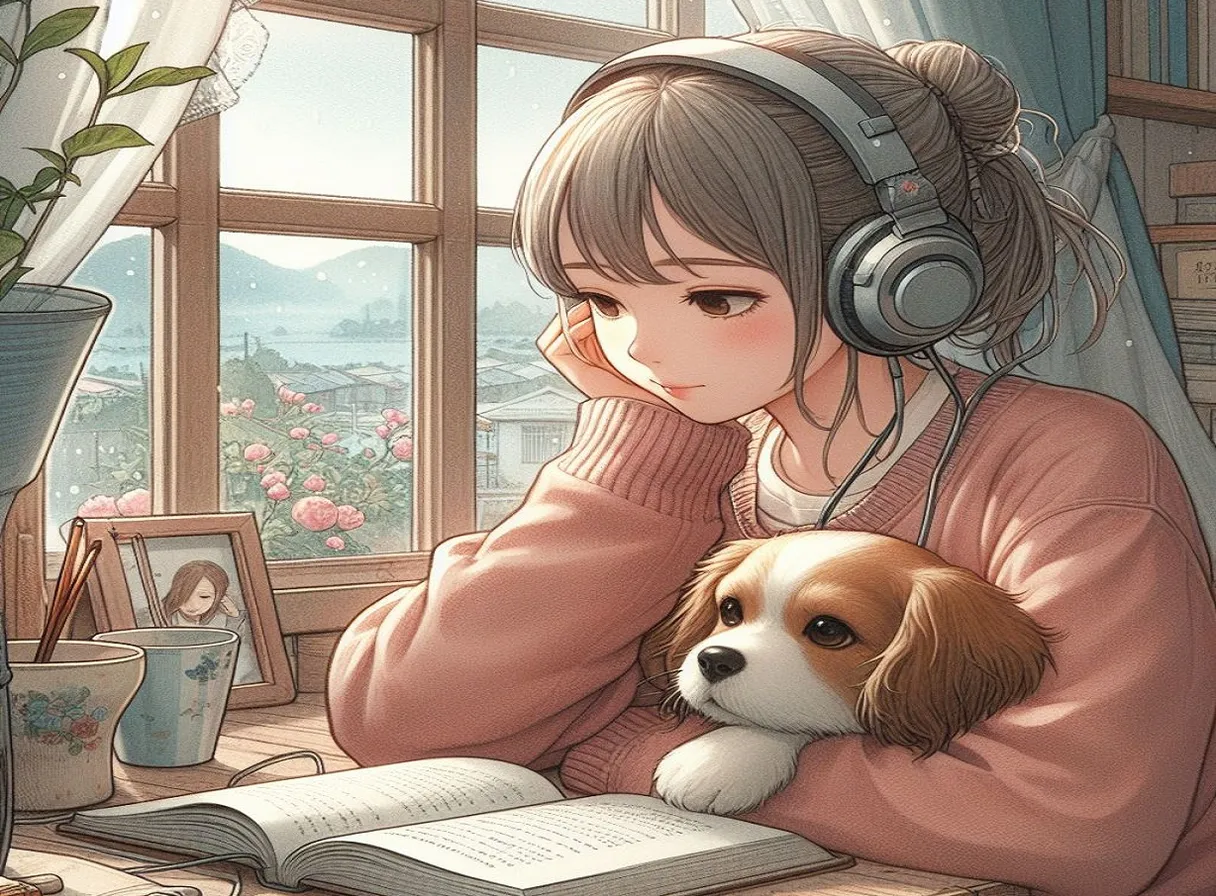 a girl with headphones is reading a book with her dog