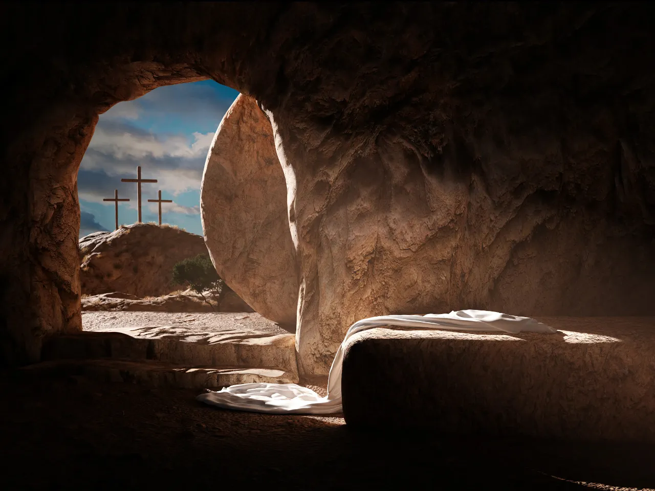 a view of a cross through a cave