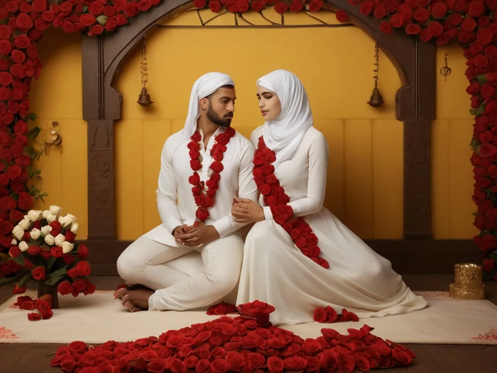 a man and woman dressed in white sitting on the floor