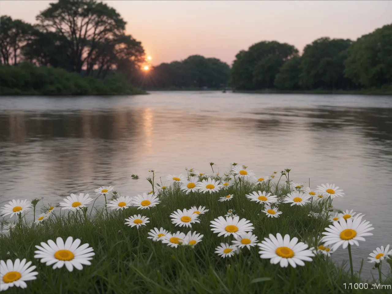 a bunch of daisies are in the grass by the water