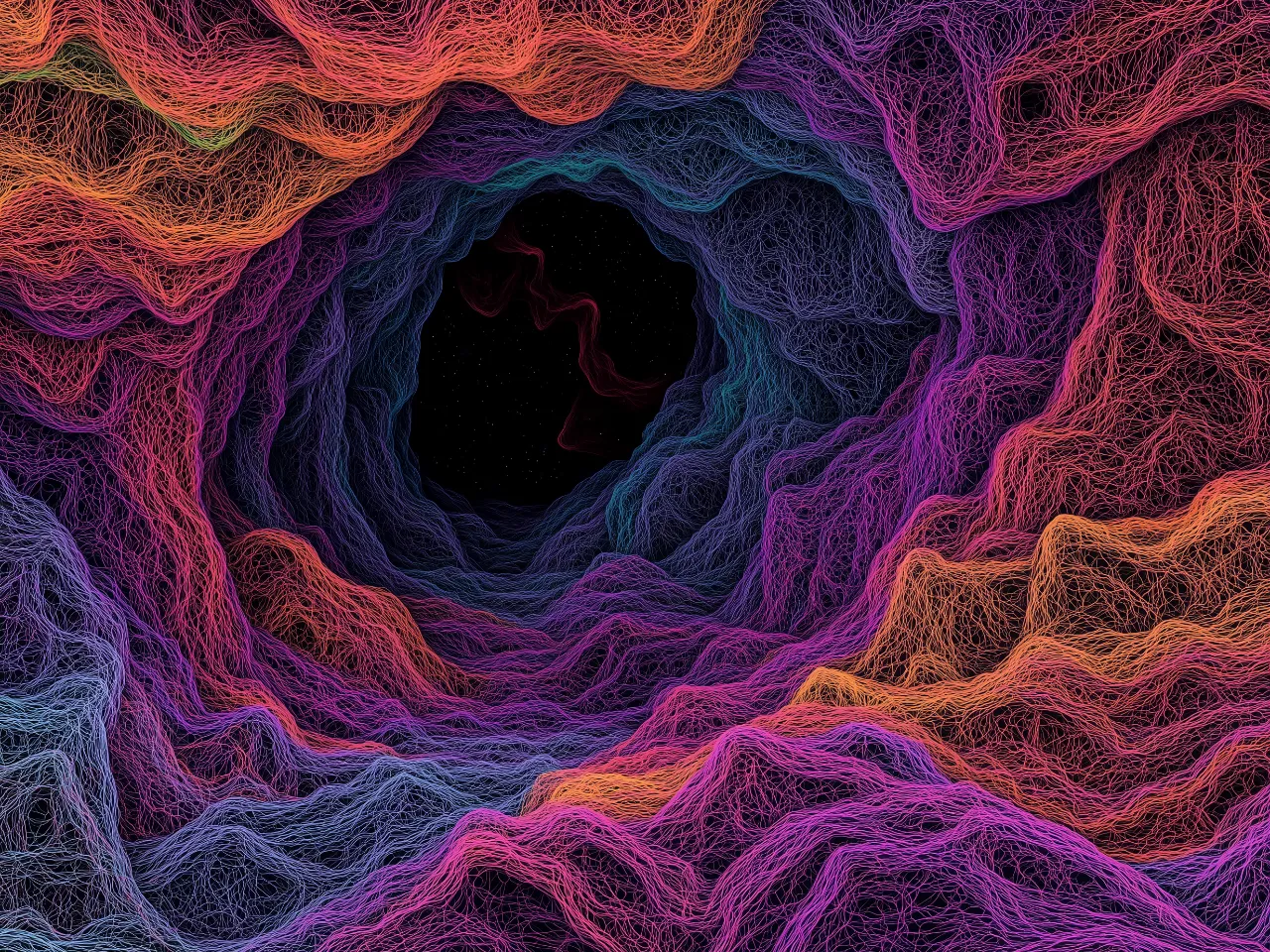 a computer generated image of a dark hole in the middle of a mountain