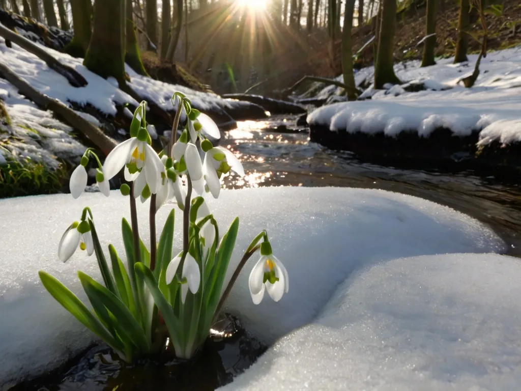 snowdrops are growing out of the snow in a stream