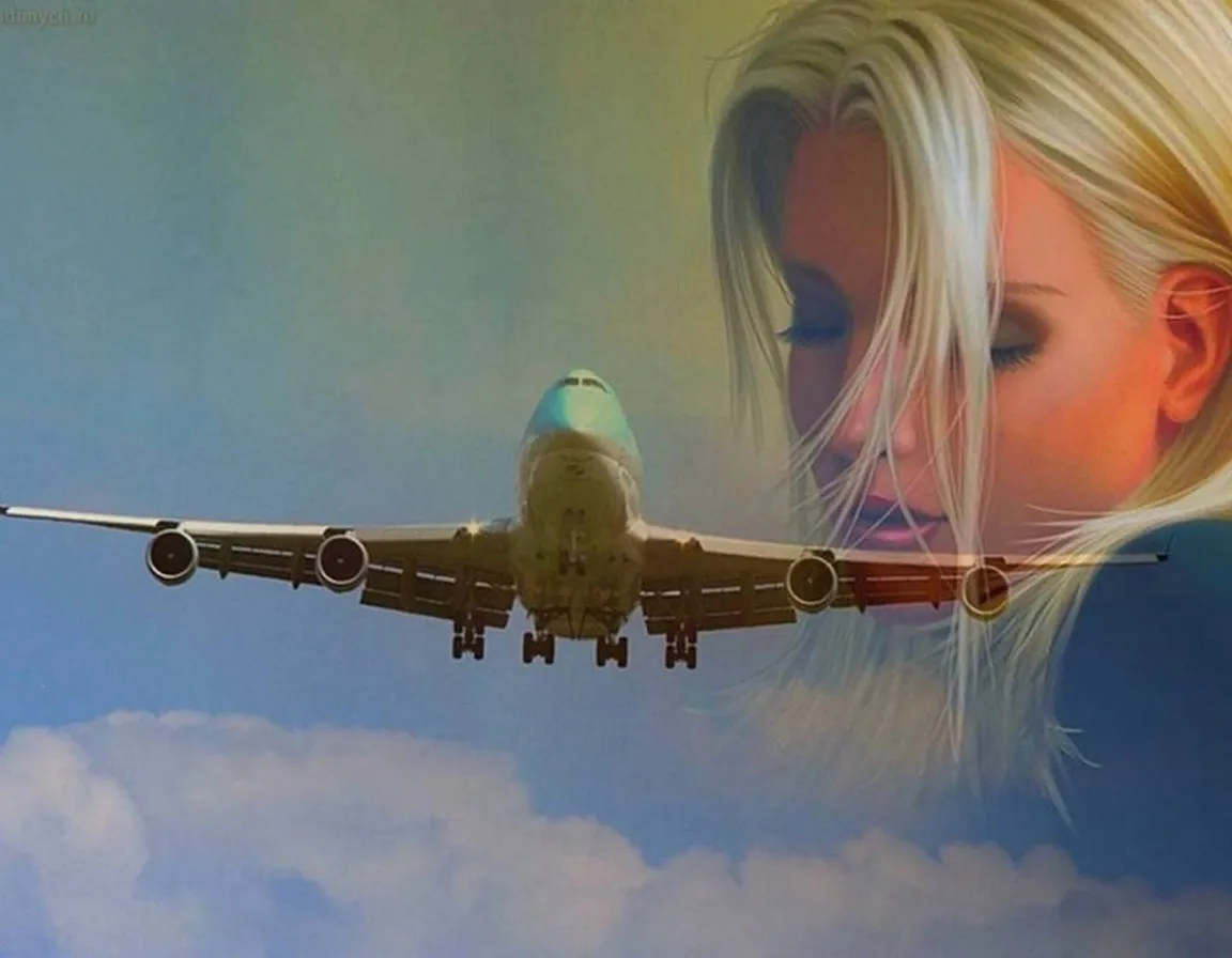 a painting of a woman with a plane in the sky