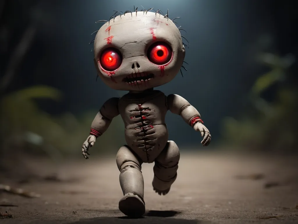 a creepy doll with red eyes running down a road