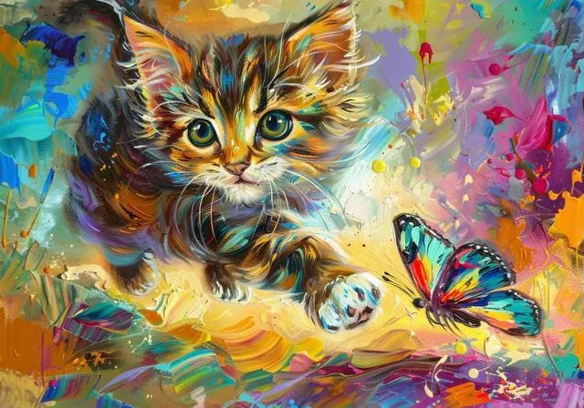 a painting of a kitten and a butterfly