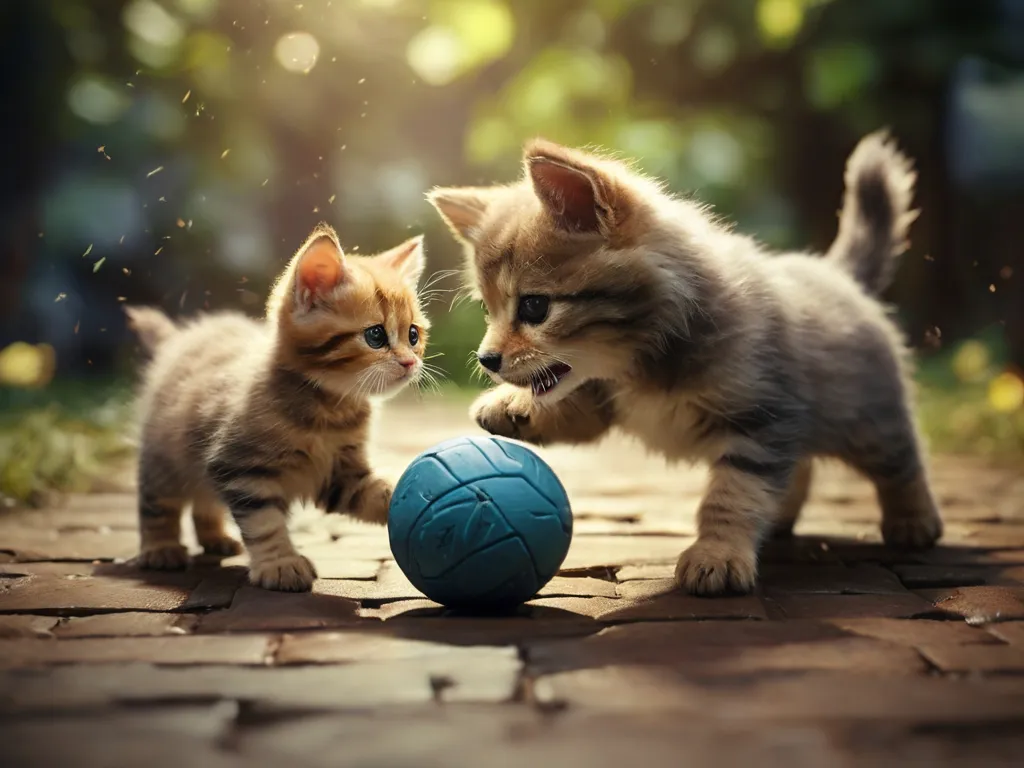 two kittens playing with a blue ball on the ground