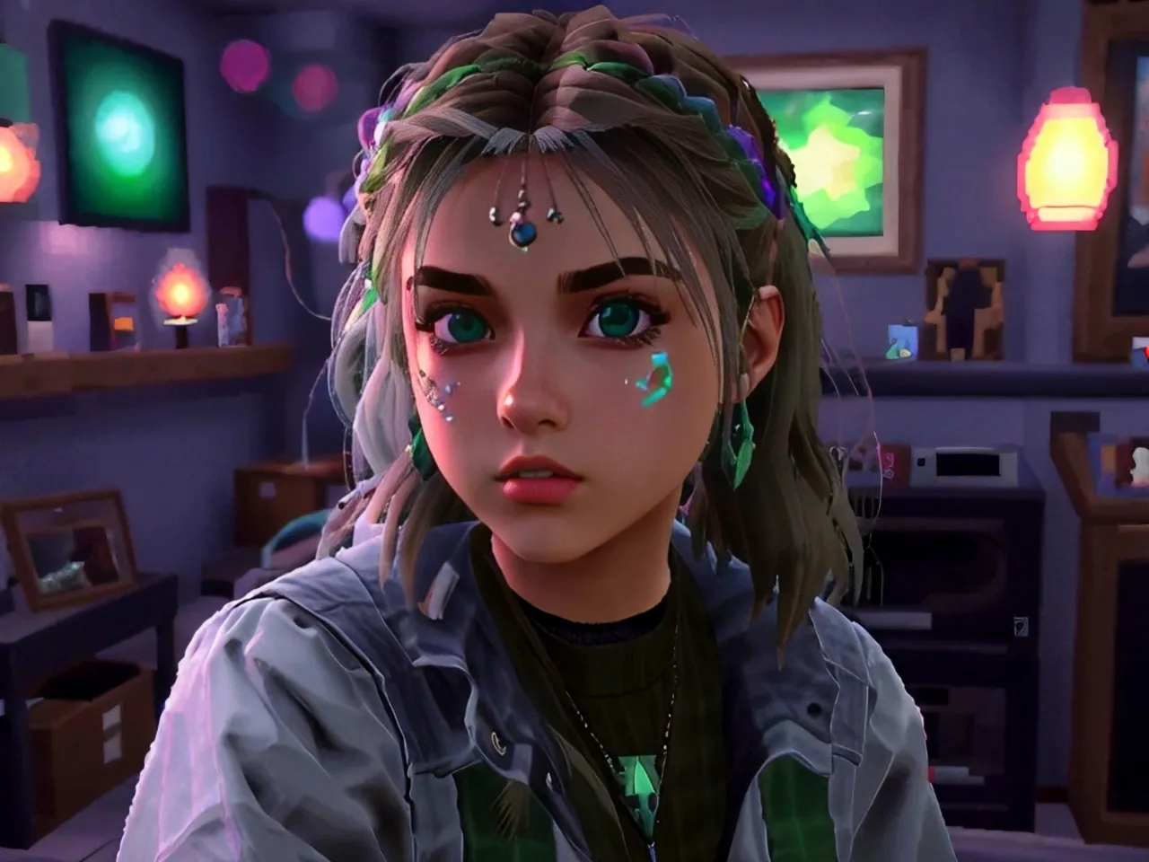 A girl with green eyes in a dimly lit room, with hints of streetlights casting shadows from her piercings and a single tear glittering on her cheek