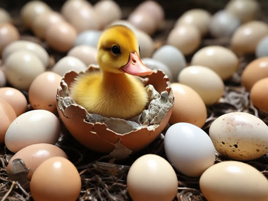 a duckling in an egg shell surrounded by eggs