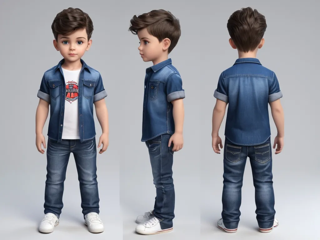 a little boy in a denim shirt and jeans walking dancing playing