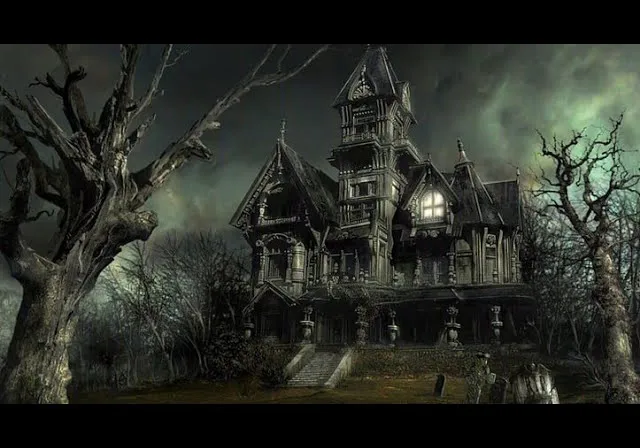 An illustration of a haunted mansion, classic Gothic in style, during a turbulent and stormy night