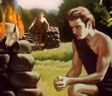 a painting of a man sitting in front of a fire