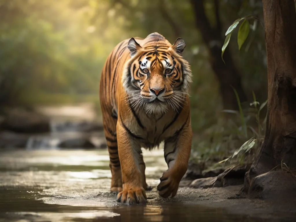 a tiger walking across a river next to a forest