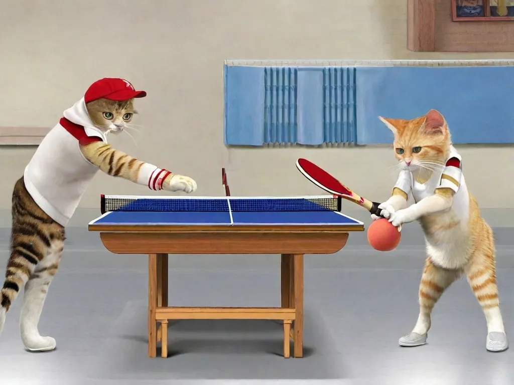 two cats playing a game of ping pong on a ping pong table