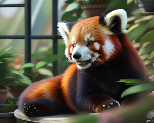 a red panda sitting on top of a wooden table, water behind