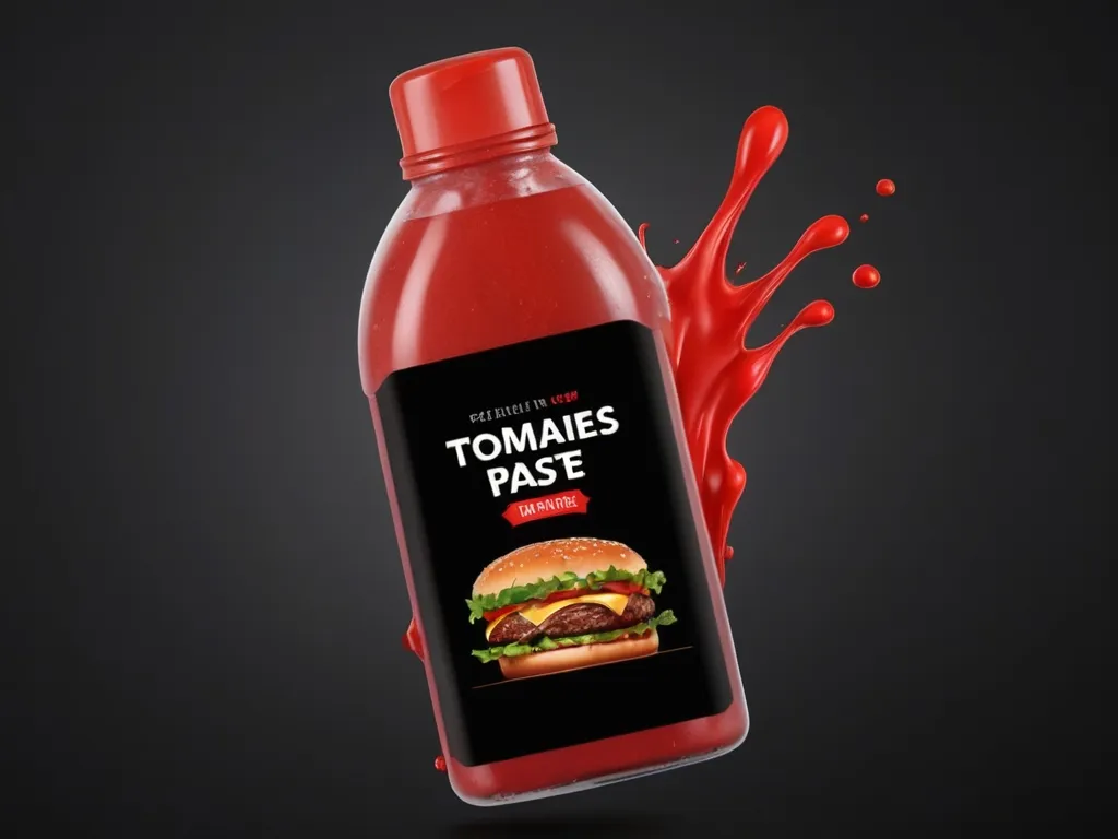 a bottle of tomato ketchup with big splash of ketchup with a brand name of ketchup u 2 tomatoes sticker