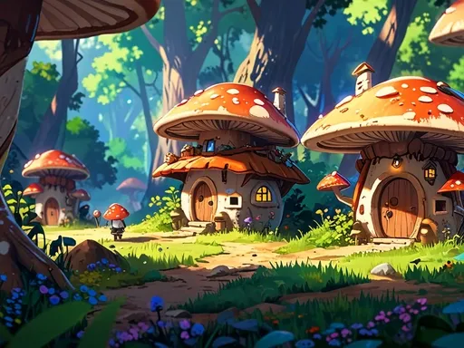 Mushrooms on green hills in enchanted valley with hidden animals, aerial view