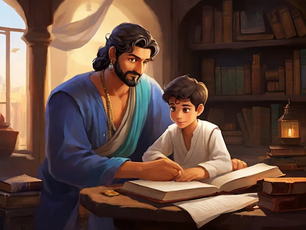 a painting of a man reading a book to a boy