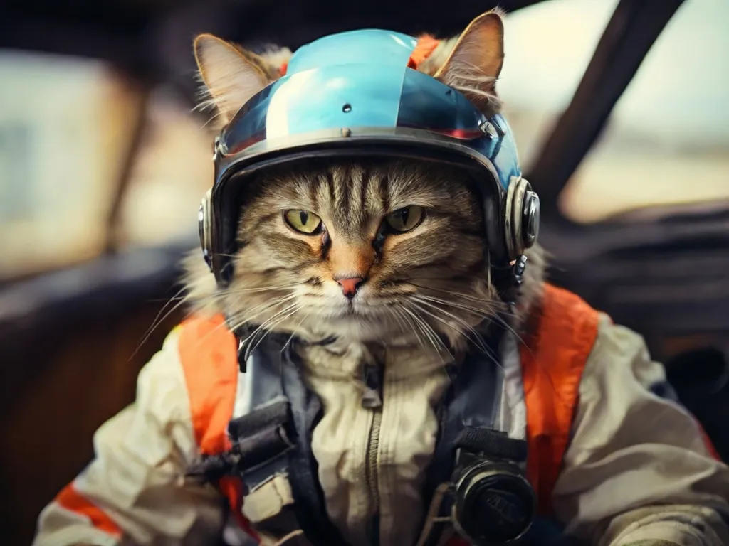 a cat wearing a helmet sitting in a car