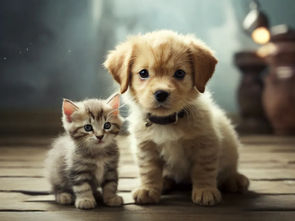 a puppy and a kitten sitting on a wooden floor