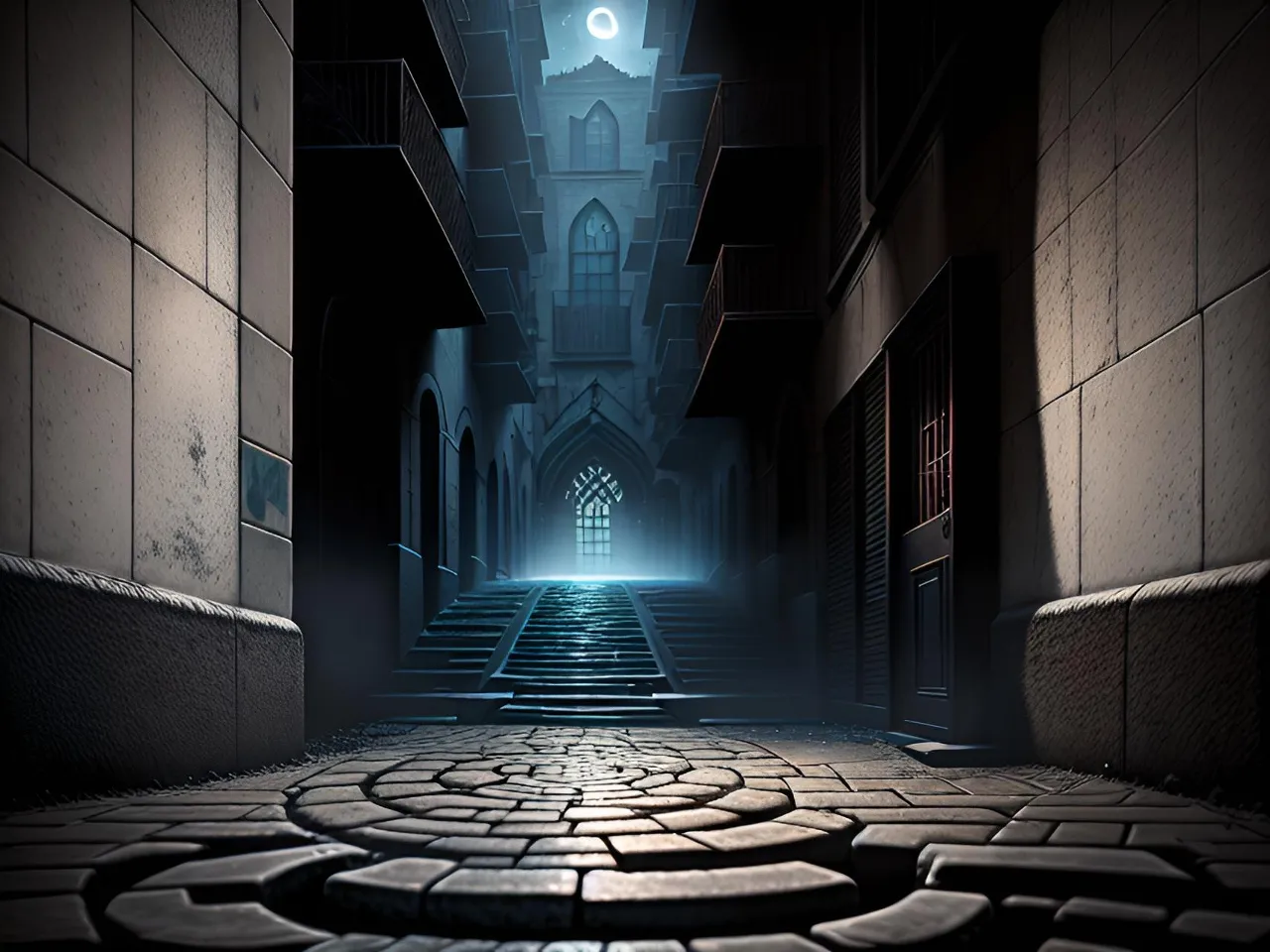 a dark alley with steps leading to a light at the end