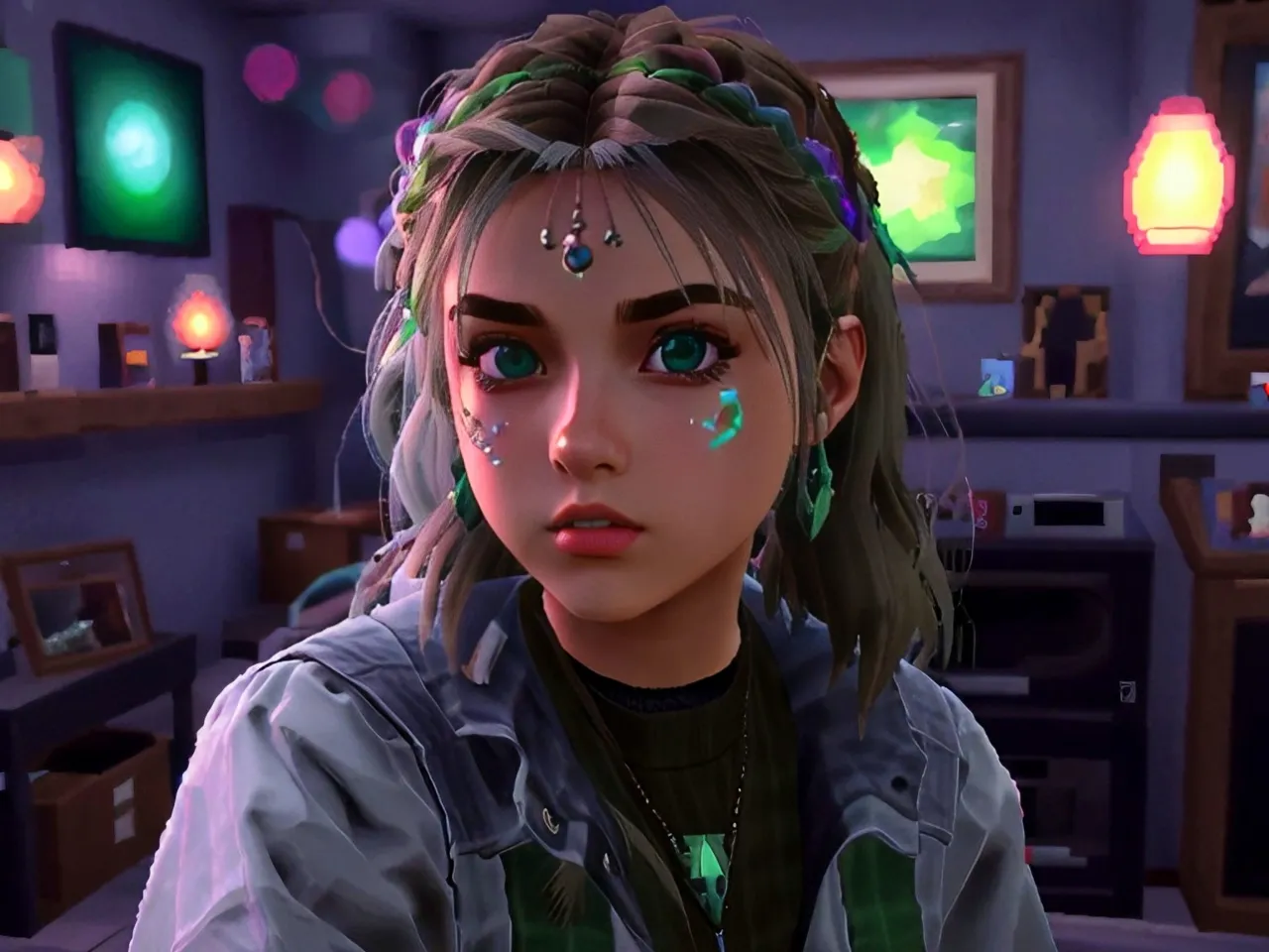 a girl with green eyes and piercings in a room