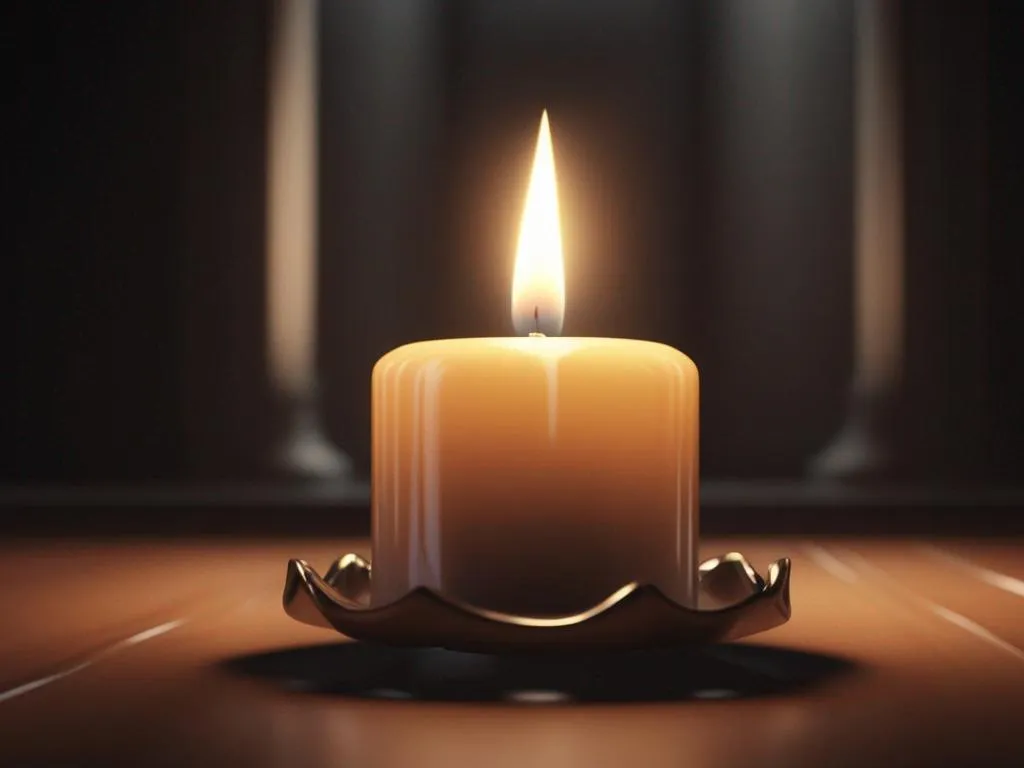 a lit candle sitting on top of a wooden table