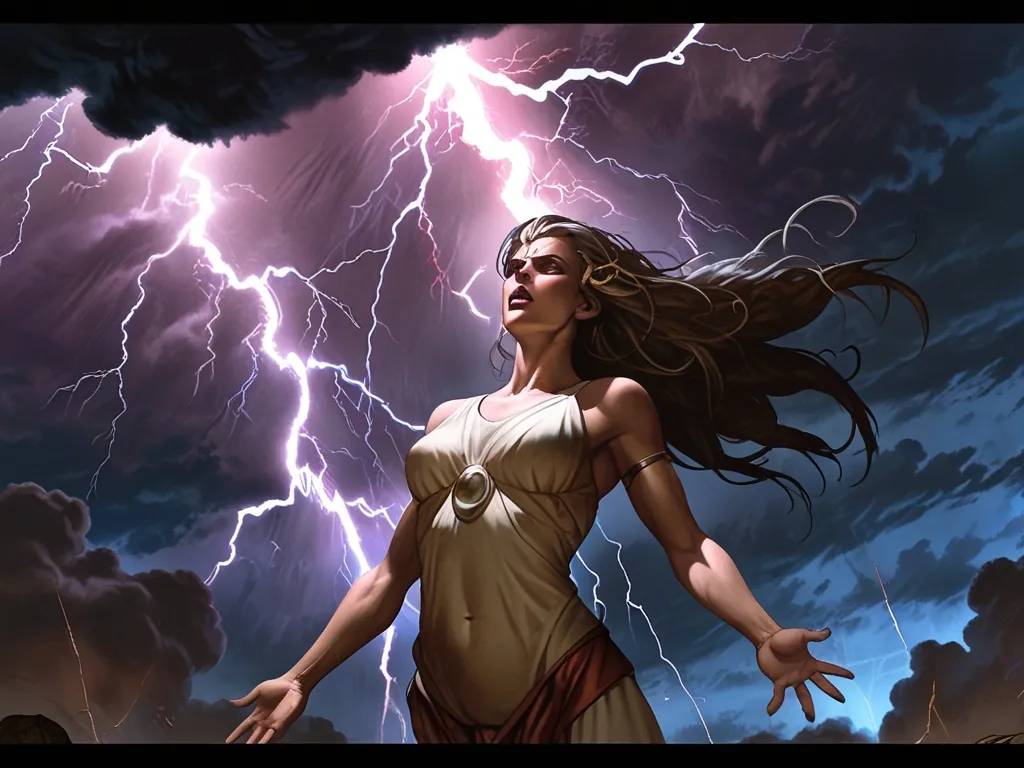 a woman standing in front of a lightning storm