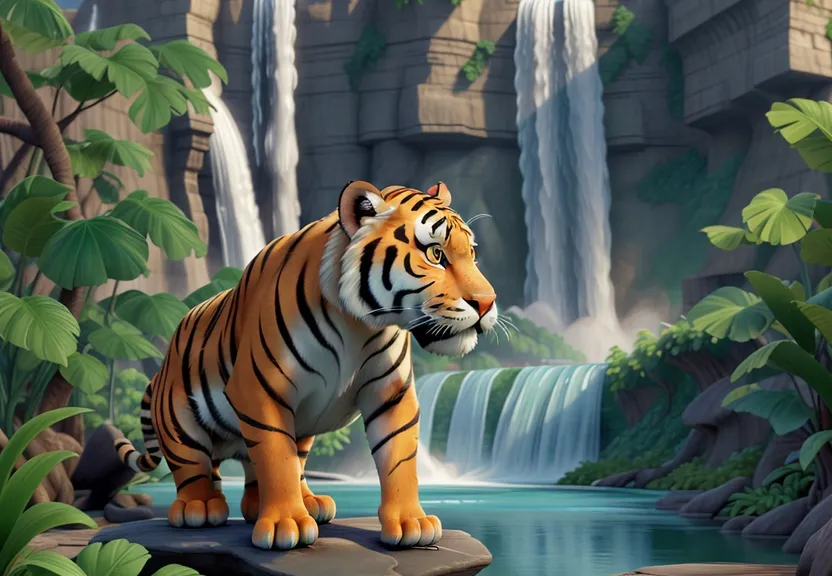 a tiger standing on a rock in front of a waterfall