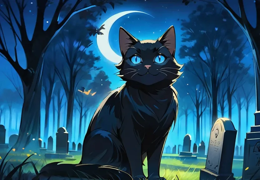 a black cat sitting on top of a cemetery