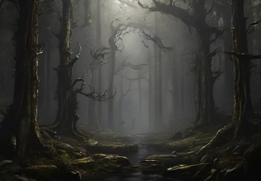 a dark forest with a stream running through it