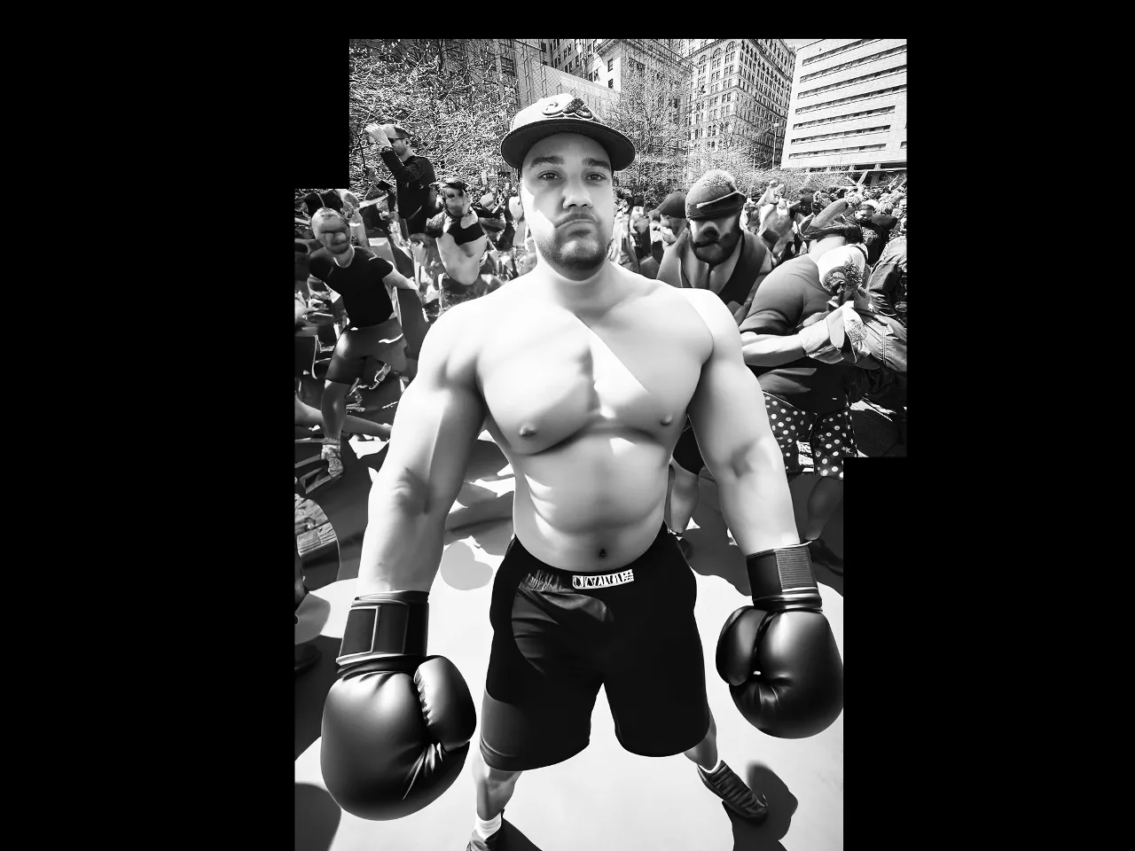 a shirtless man wearing boxing gloves and a cap