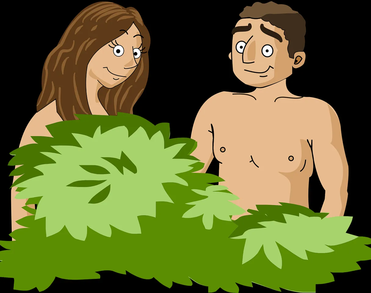 a man and a woman standing next to a bush